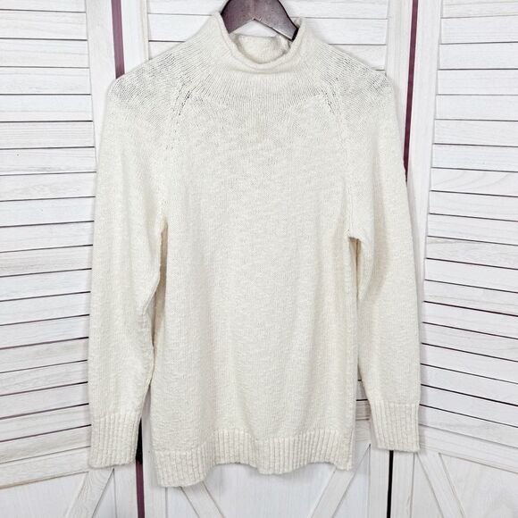 L.L. Bean Cotton Rolled Funnel Mock Neck Ragg Sweater Slub Knit Cream Medium - Picture 8 of 14